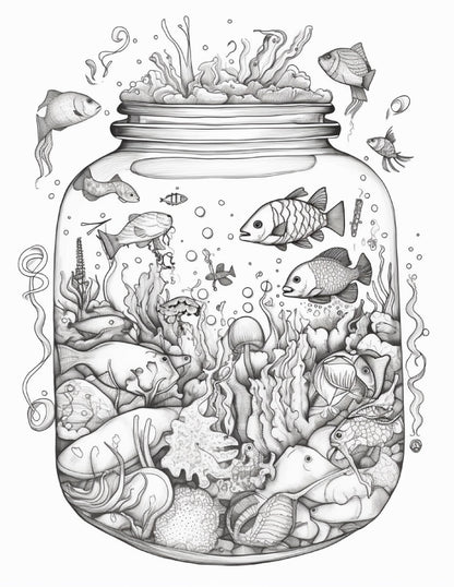 64 Life Inside Jar Printable Coloring Pages for Adults, Grayscale Coloring Book, Printable PDF File Download