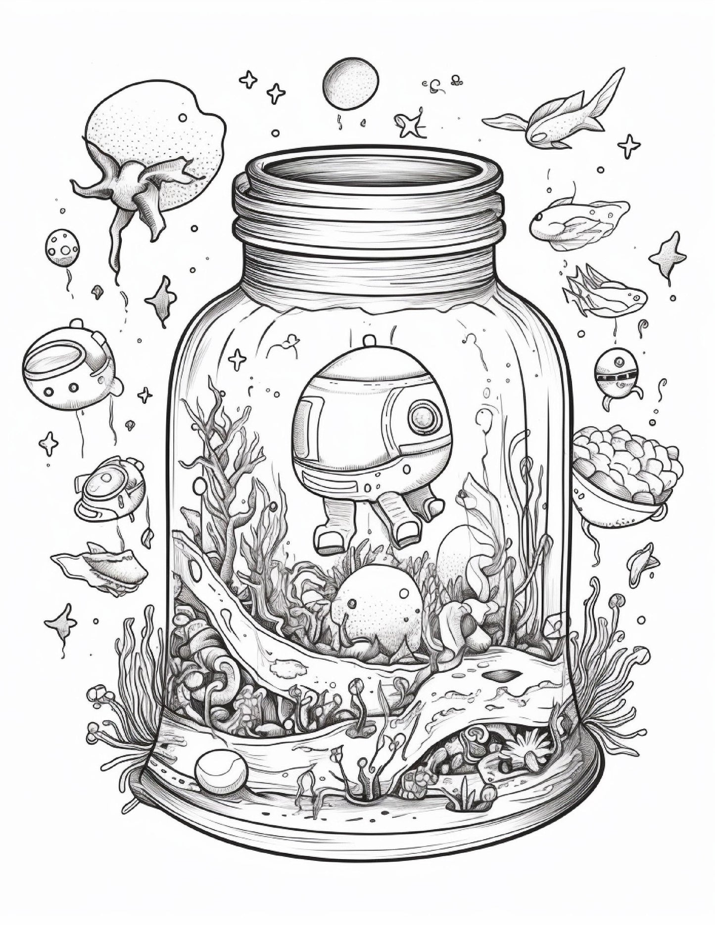64 Life Inside Jar Printable Coloring Pages for Adults, Grayscale Coloring Book, Printable PDF File Download