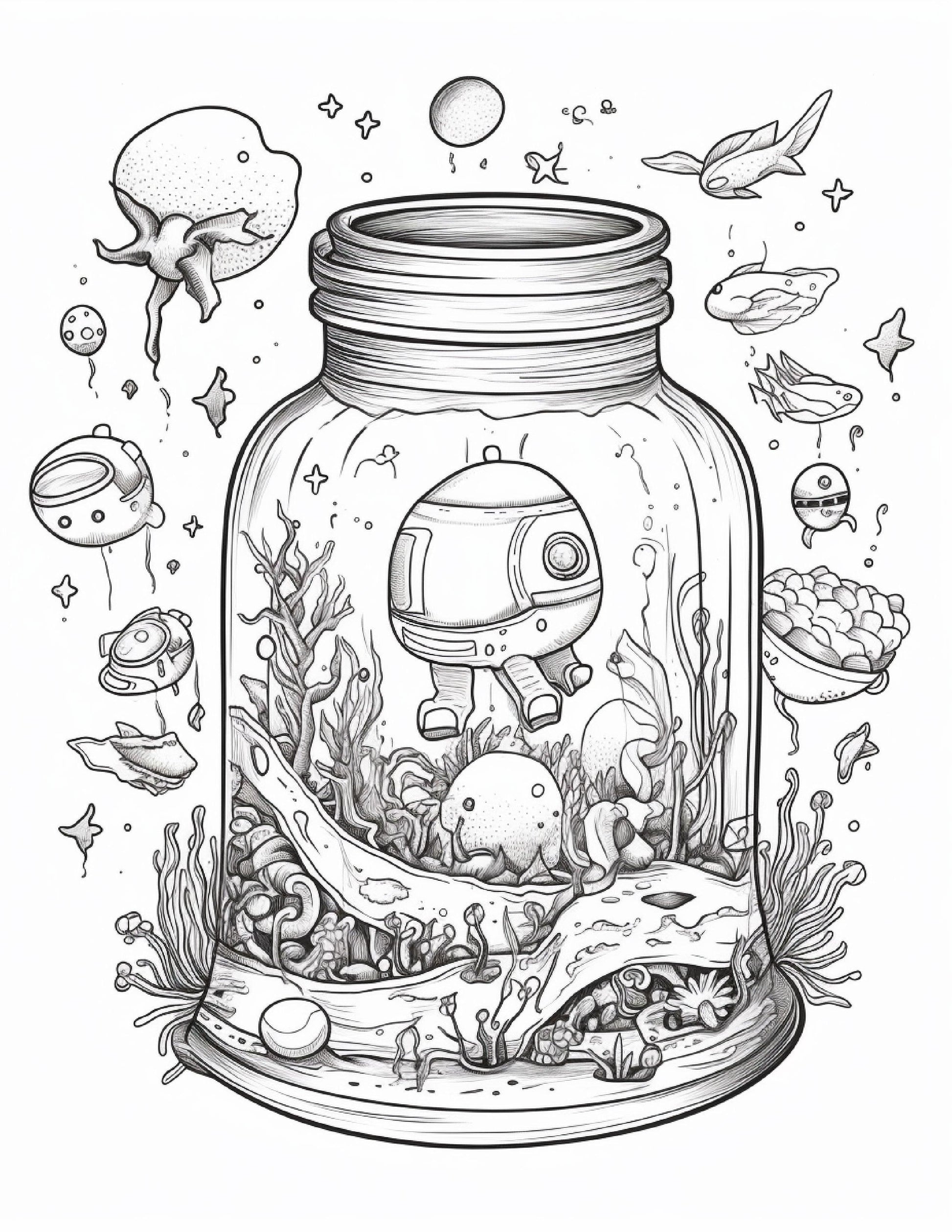 64 Life Inside Jar Printable Coloring Pages for Adults, Grayscale Coloring Book, Printable PDF File Download