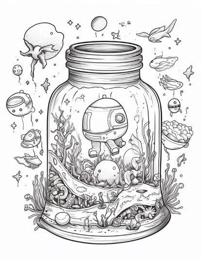 64 Life Inside Jar Printable Coloring Pages for Adults, Grayscale Coloring Book, Printable PDF File Download