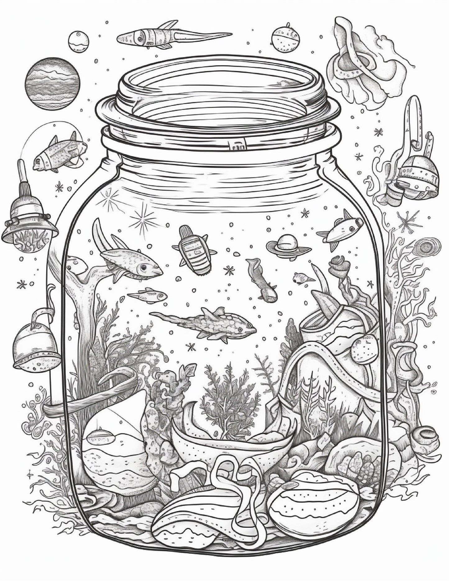 64 Life Inside Jar Printable Coloring Pages for Adults, Grayscale Coloring Book, Printable PDF File Download