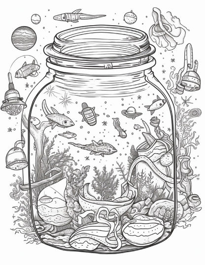 64 Life Inside Jar Printable Coloring Pages for Adults, Grayscale Coloring Book, Printable PDF File Download