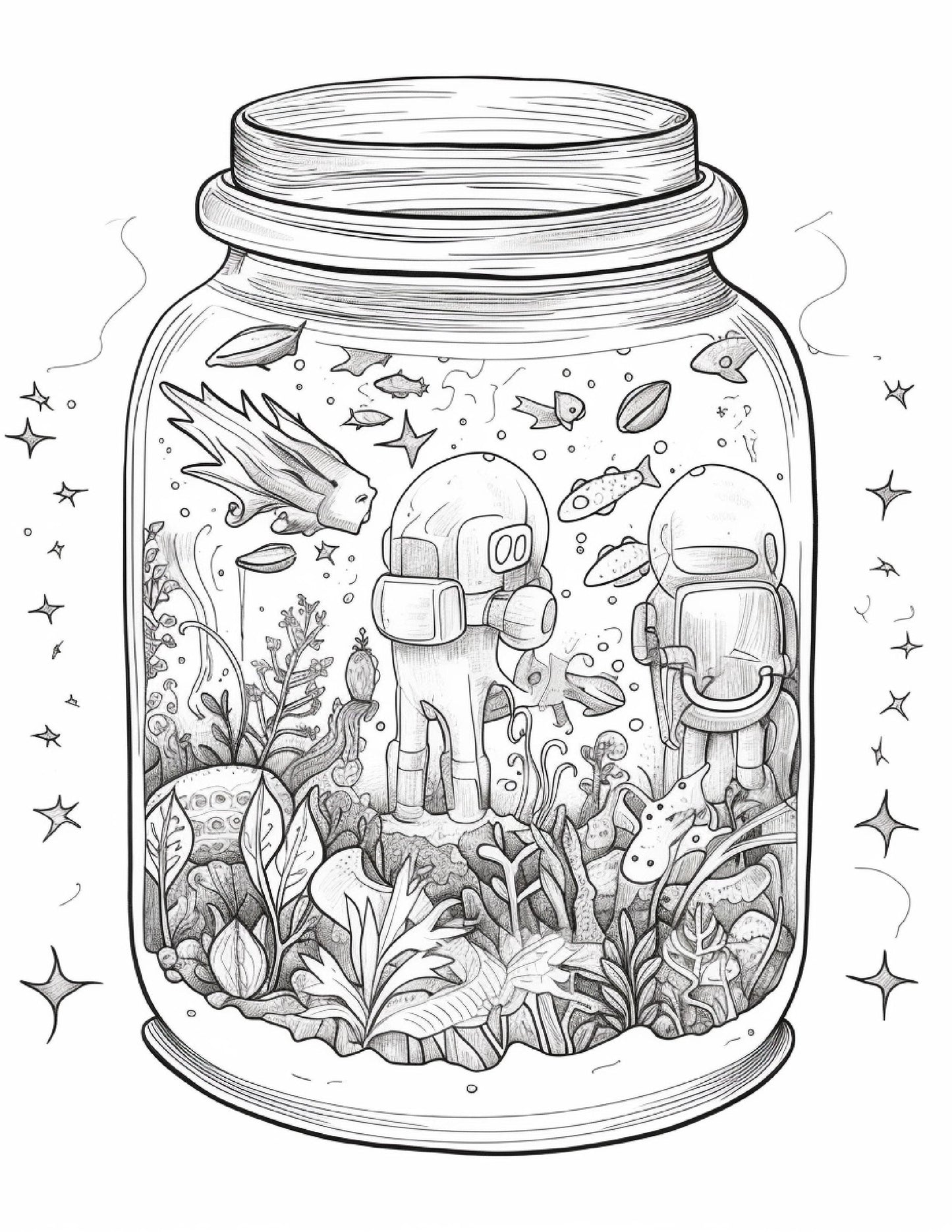 64 Life Inside Jar Printable Coloring Pages for Adults, Grayscale Coloring Book, Printable PDF File Download