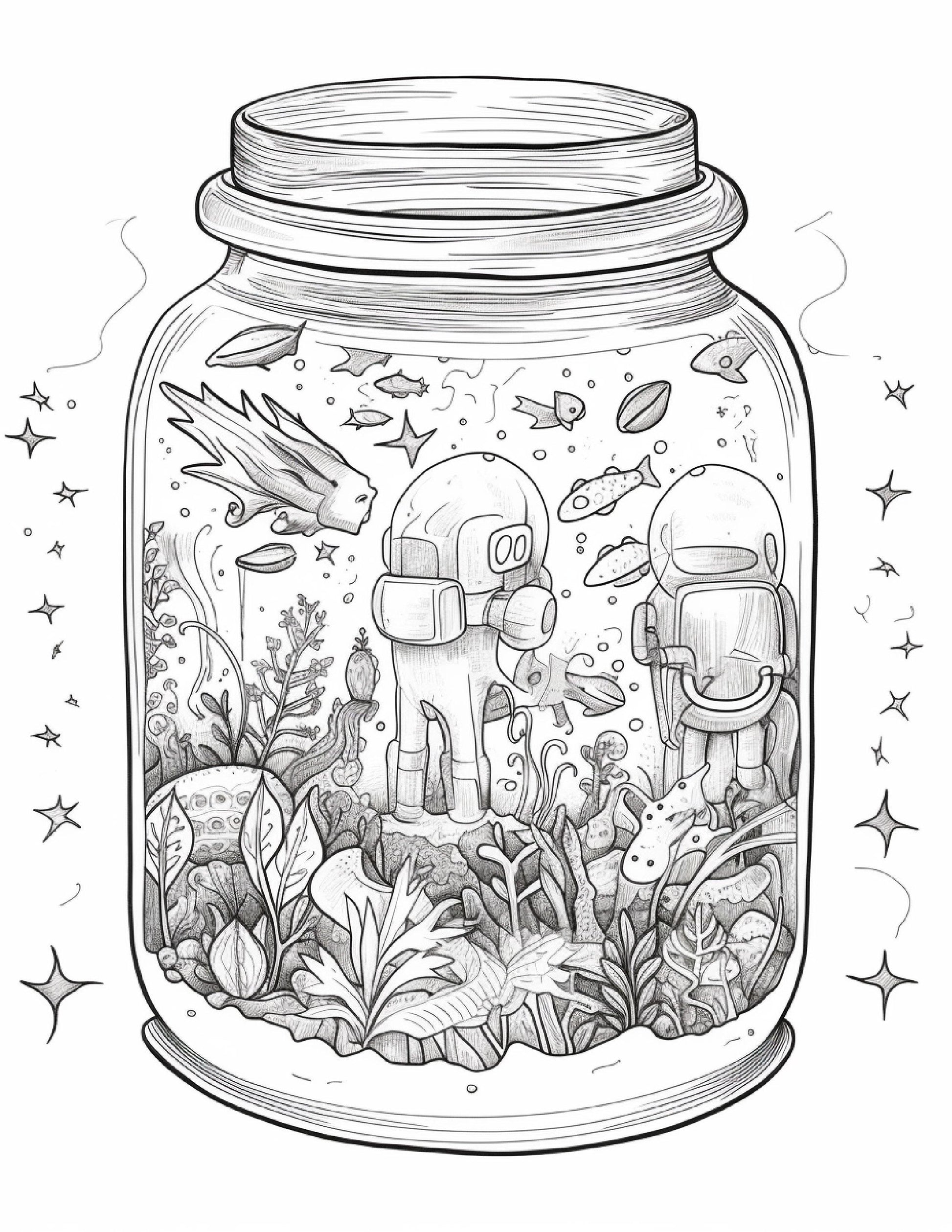 64 Life Inside Jar Printable Coloring Pages for Adults, Grayscale Coloring Book, Printable PDF File Download