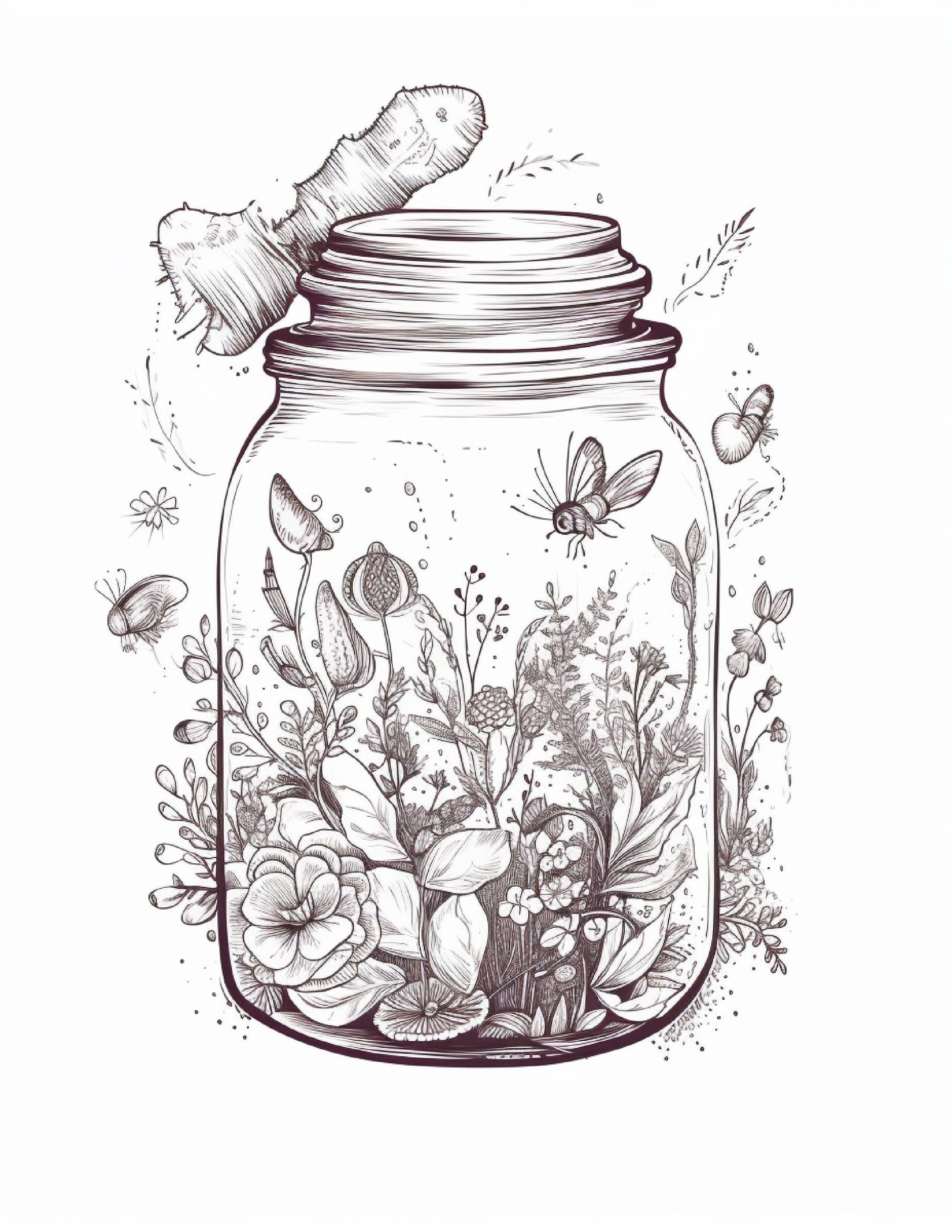 64 Life Inside Jar Printable Coloring Pages for Adults, Grayscale Coloring Book, Printable PDF File Download