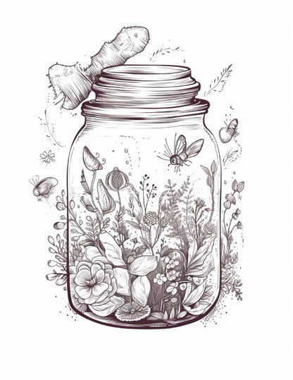 64 Life Inside Jar Printable Coloring Pages for Adults, Grayscale Coloring Book, Printable PDF File Download