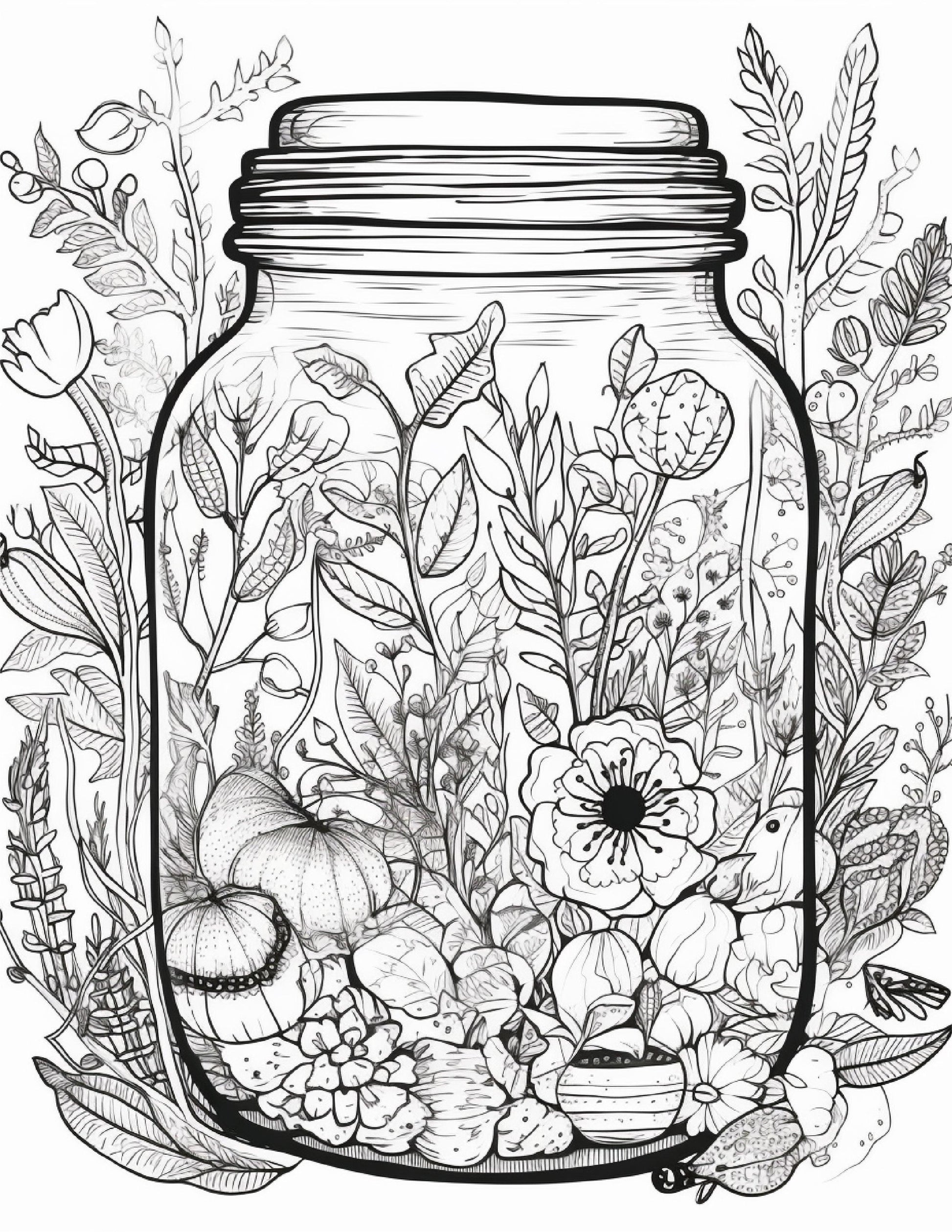 64 Life Inside Jar Printable Coloring Pages for Adults, Grayscale Coloring Book, Printable PDF File Download