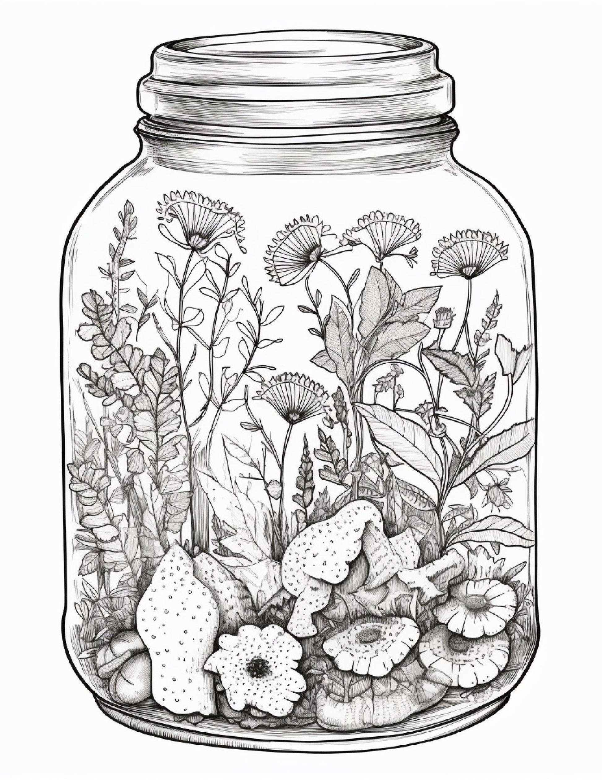 64 Life Inside Jar Printable Coloring Pages for Adults, Grayscale Coloring Book, Printable PDF File Download