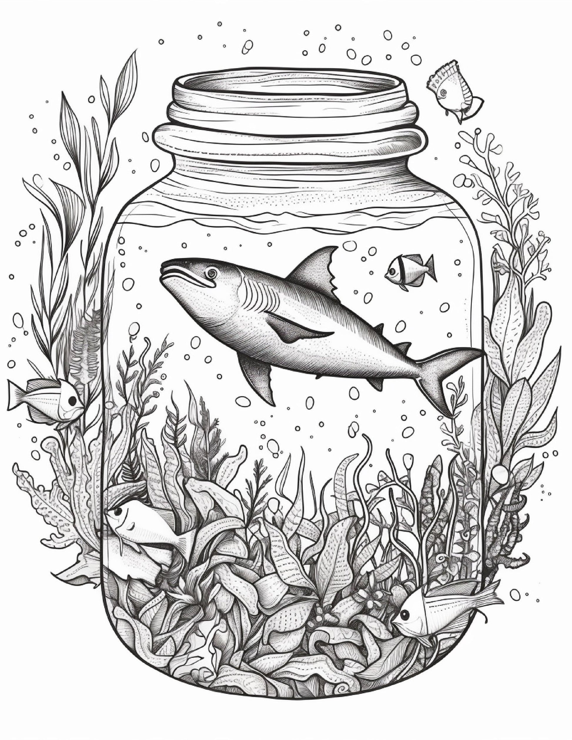 64 Life Inside Jar Printable Coloring Pages for Adults, Grayscale Coloring Book, Printable PDF File Download
