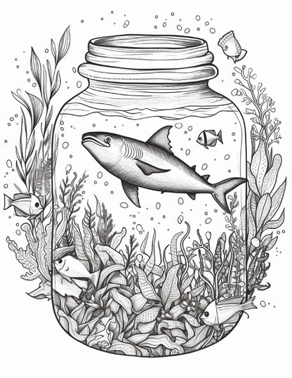 64 Life Inside Jar Printable Coloring Pages for Adults, Grayscale Coloring Book, Printable PDF File Download