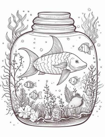 64 Life Inside Jar Printable Coloring Pages for Adults, Grayscale Coloring Book, Printable PDF File Download