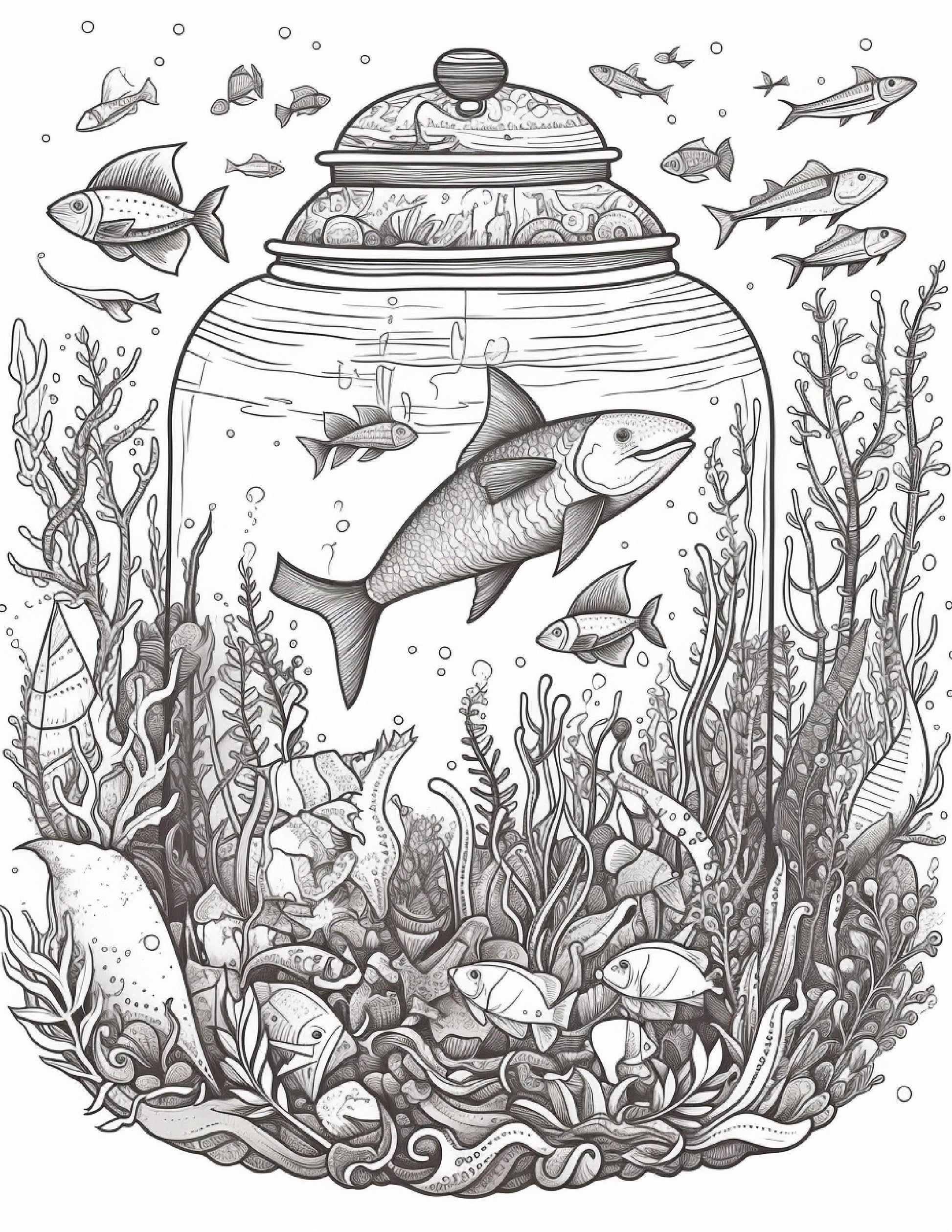 64 Life Inside Jar Printable Coloring Pages for Adults, Grayscale Coloring Book, Printable PDF File Download
