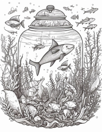 64 Life Inside Jar Printable Coloring Pages for Adults, Grayscale Coloring Book, Printable PDF File Download