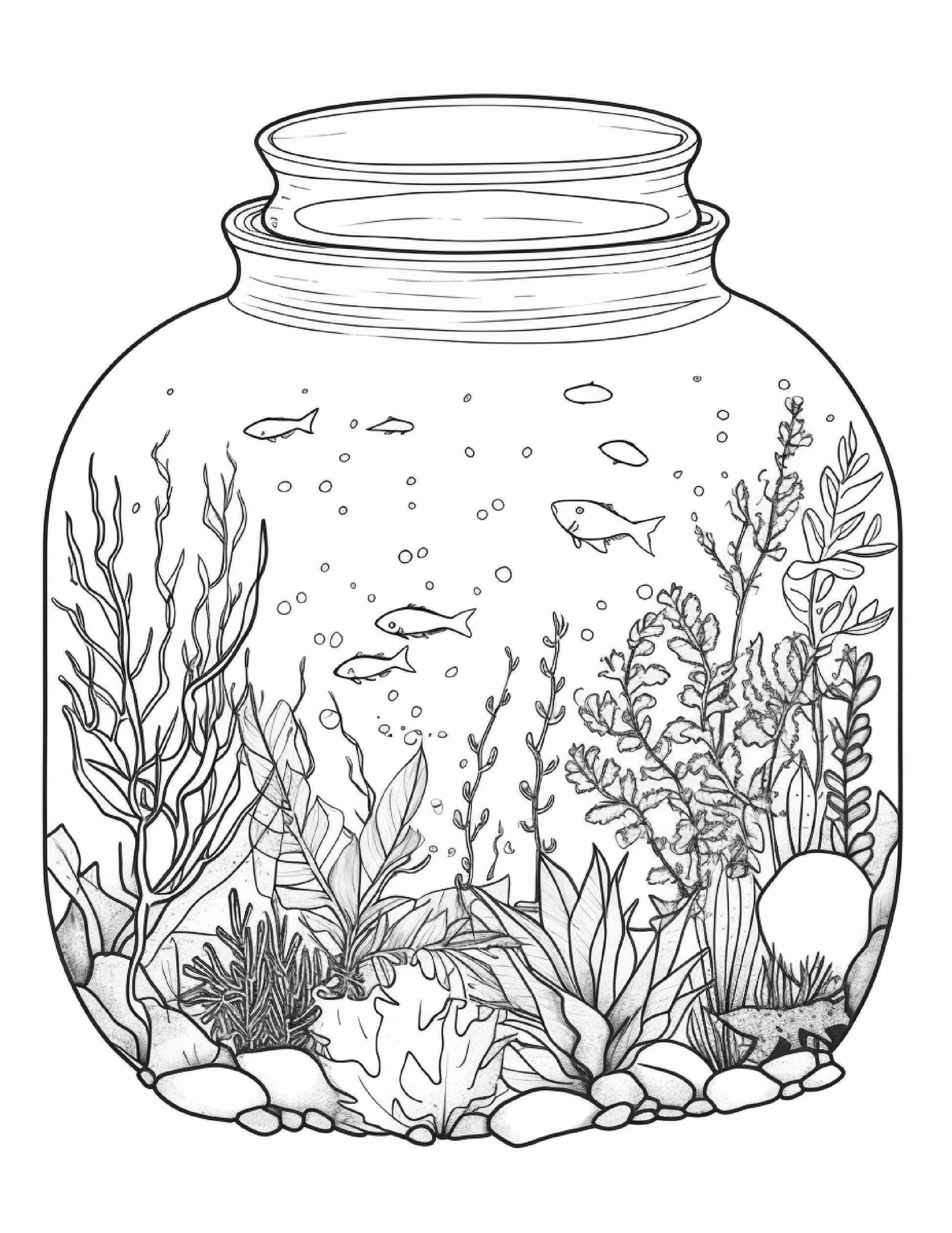 64 Life Inside Jar Printable Coloring Pages for Adults, Grayscale Coloring Book, Printable PDF File Download