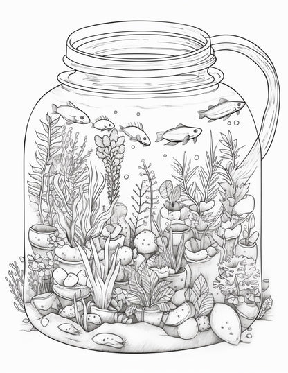 64 Life Inside Jar Printable Coloring Pages for Adults, Grayscale Coloring Book, Printable PDF File Download