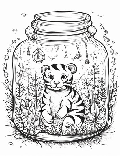 64 Life Inside Jar Printable Coloring Pages for Adults, Grayscale Coloring Book, Printable PDF File Download