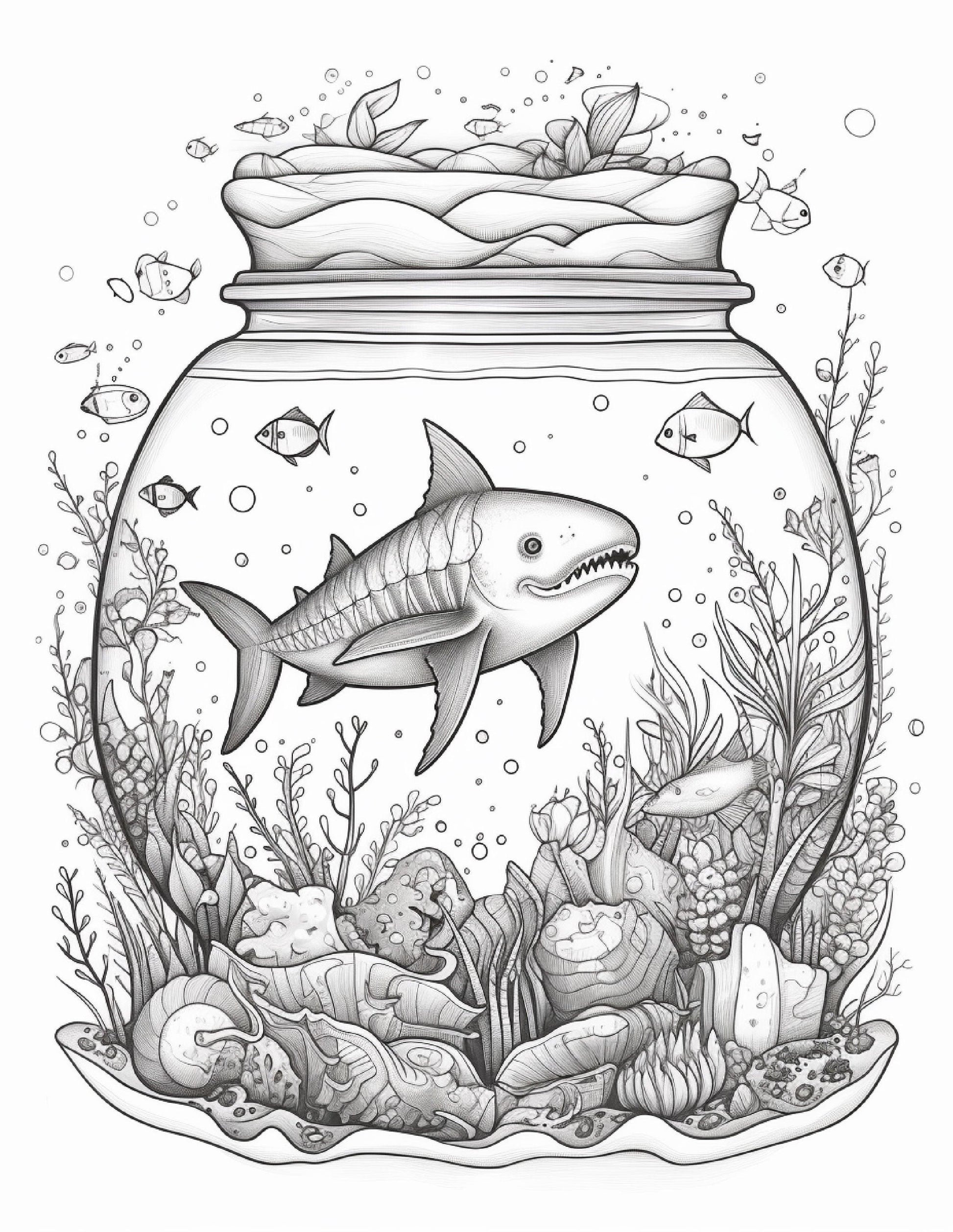 64 Life Inside Jar Printable Coloring Pages for Adults, Grayscale Coloring Book, Printable PDF File Download