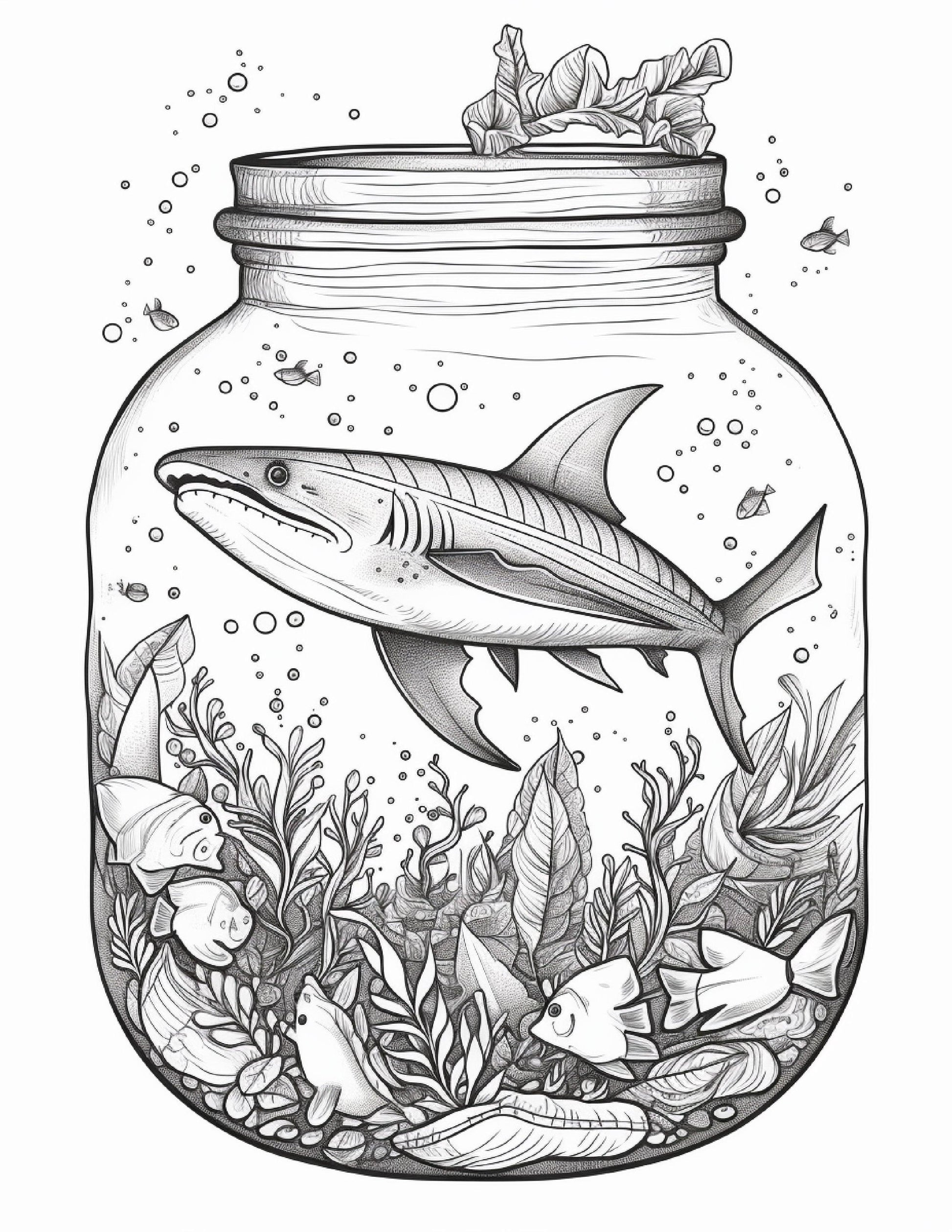 64 Life Inside Jar Printable Coloring Pages for Adults, Grayscale Coloring Book, Printable PDF File Download