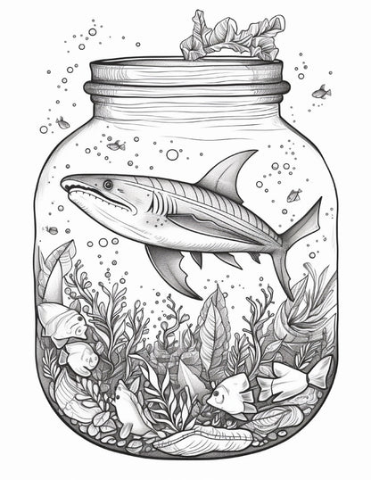 64 Life Inside Jar Printable Coloring Pages for Adults, Grayscale Coloring Book, Printable PDF File Download