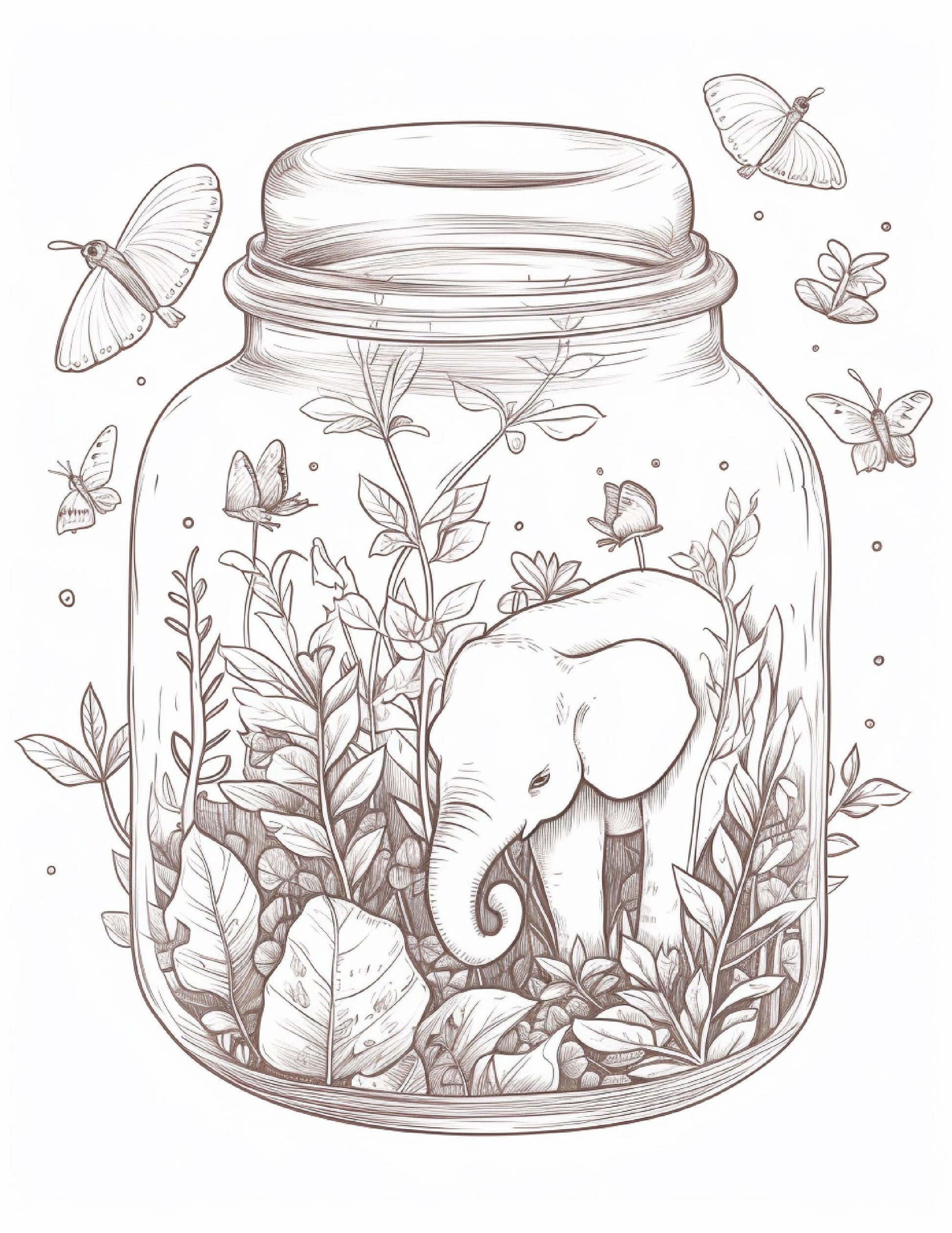 64 Life Inside Jar Printable Coloring Pages for Adults, Grayscale Coloring Book, Printable PDF File Download