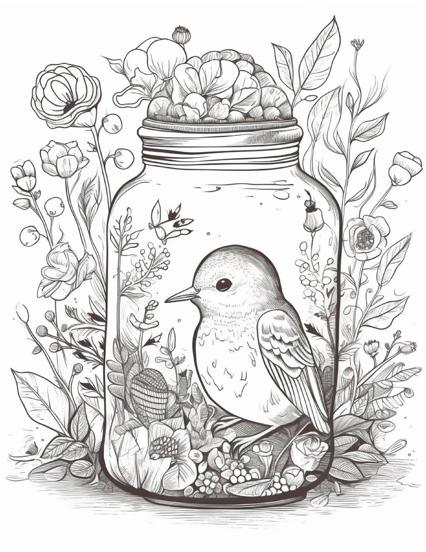 64 Life Inside Jar Printable Coloring Pages for Adults, Grayscale Coloring Book, Printable PDF File Download