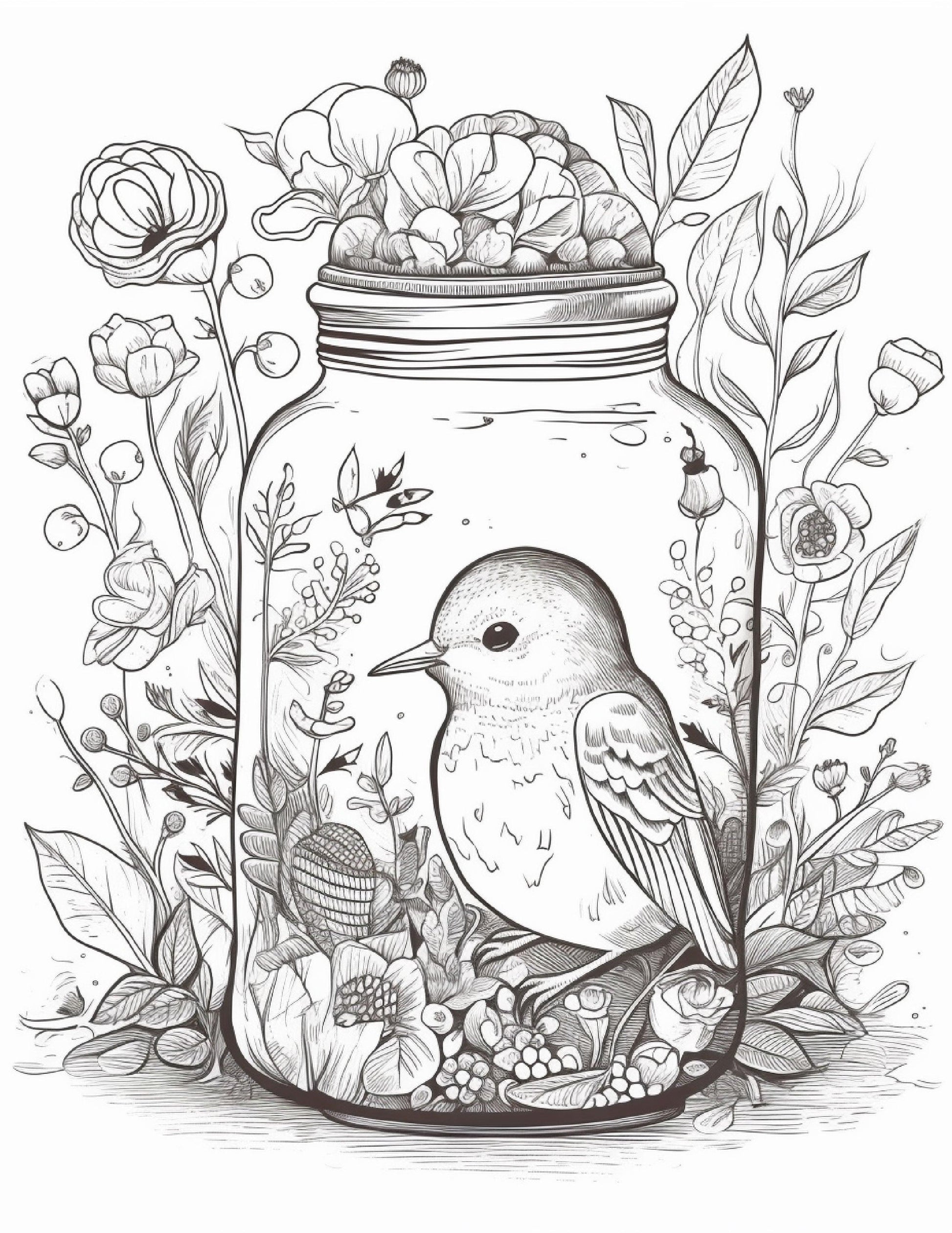 64 Life Inside Jar Printable Coloring Pages for Adults, Grayscale Coloring Book, Printable PDF File Download