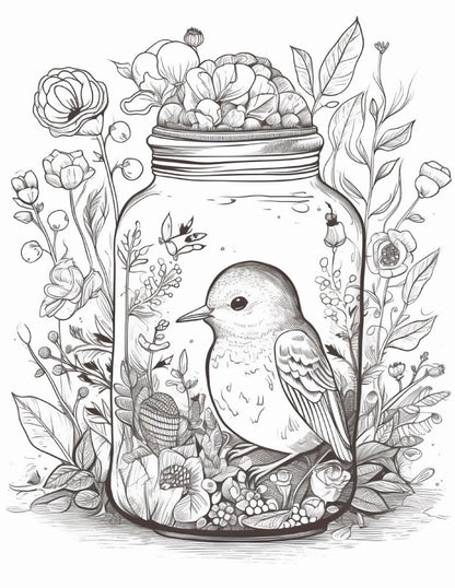 64 Life Inside Jar Printable Coloring Pages for Adults, Grayscale Coloring Book, Printable PDF File Download