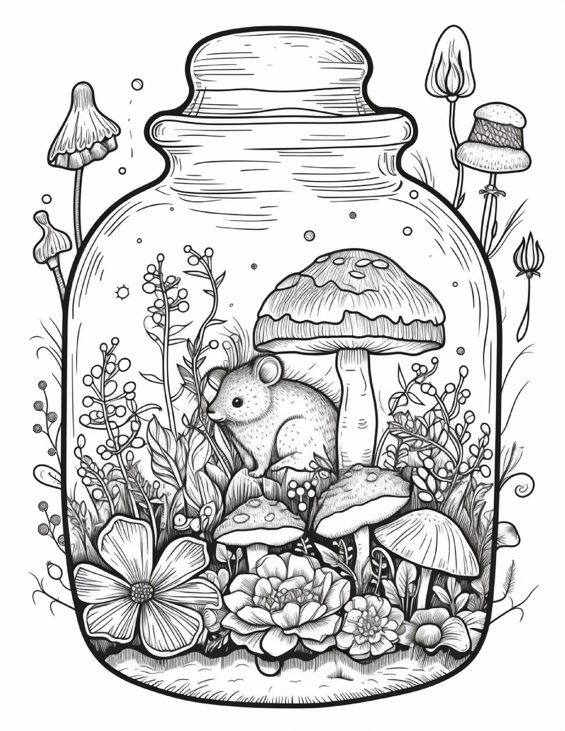 64 Life Inside Jar Printable Coloring Pages for Adults, Grayscale Coloring Book, Printable PDF File Download