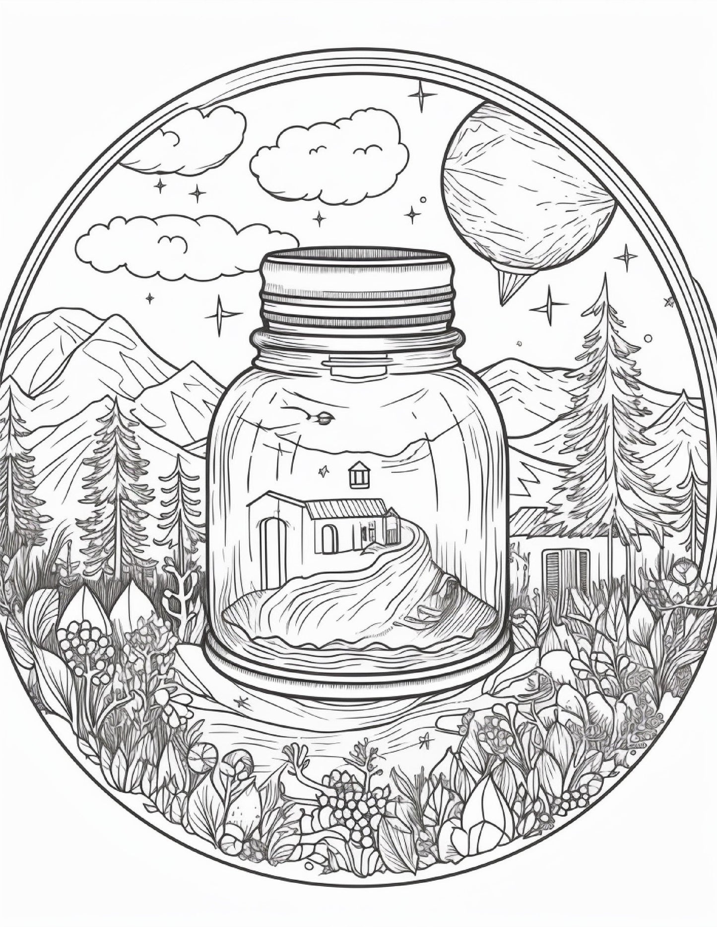 64 Life Inside Jar Printable Coloring Pages for Adults, Grayscale Coloring Book, Printable PDF File Download