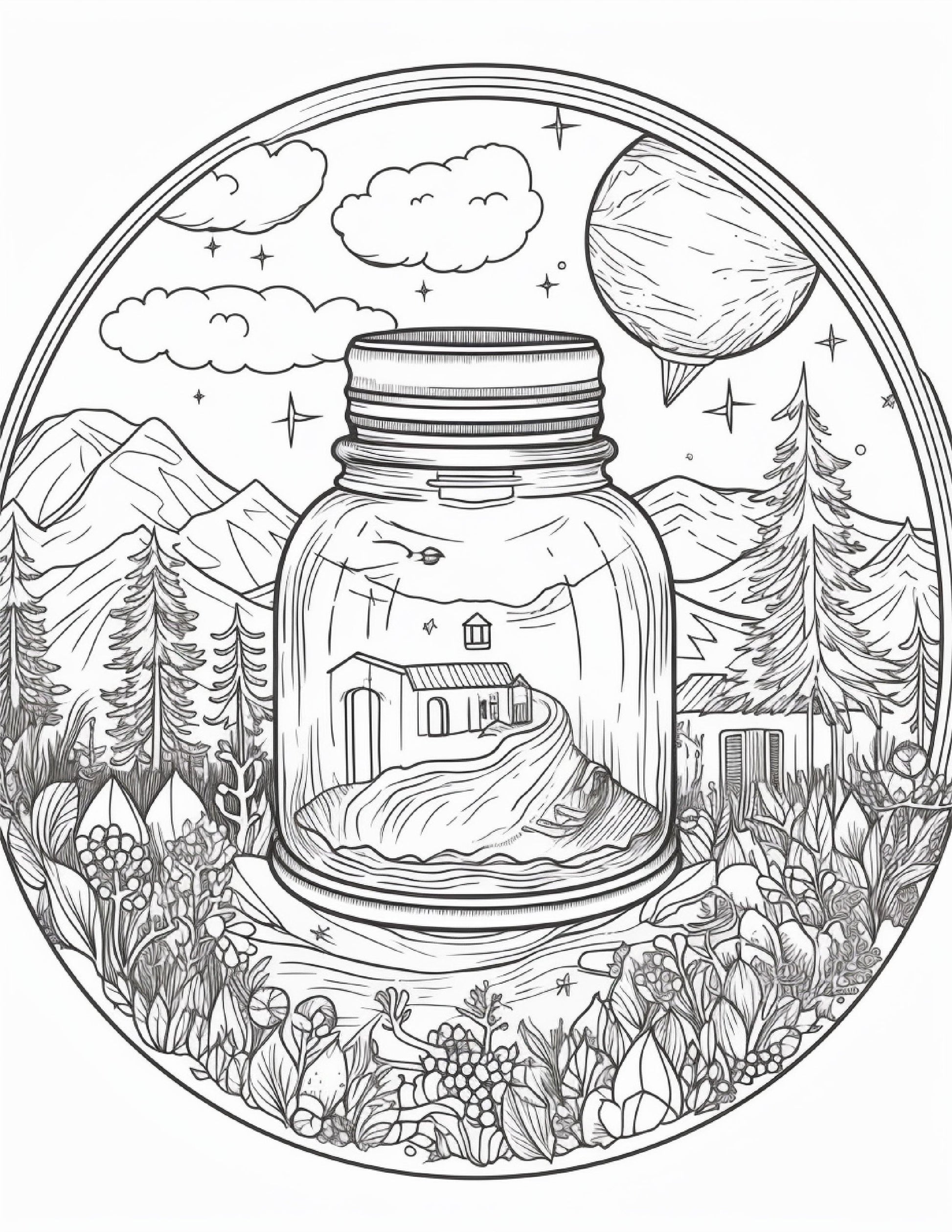 64 Life Inside Jar Printable Coloring Pages for Adults, Grayscale Coloring Book, Printable PDF File Download