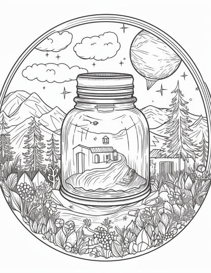 64 Life Inside Jar Printable Coloring Pages for Adults, Grayscale Coloring Book, Printable PDF File Download