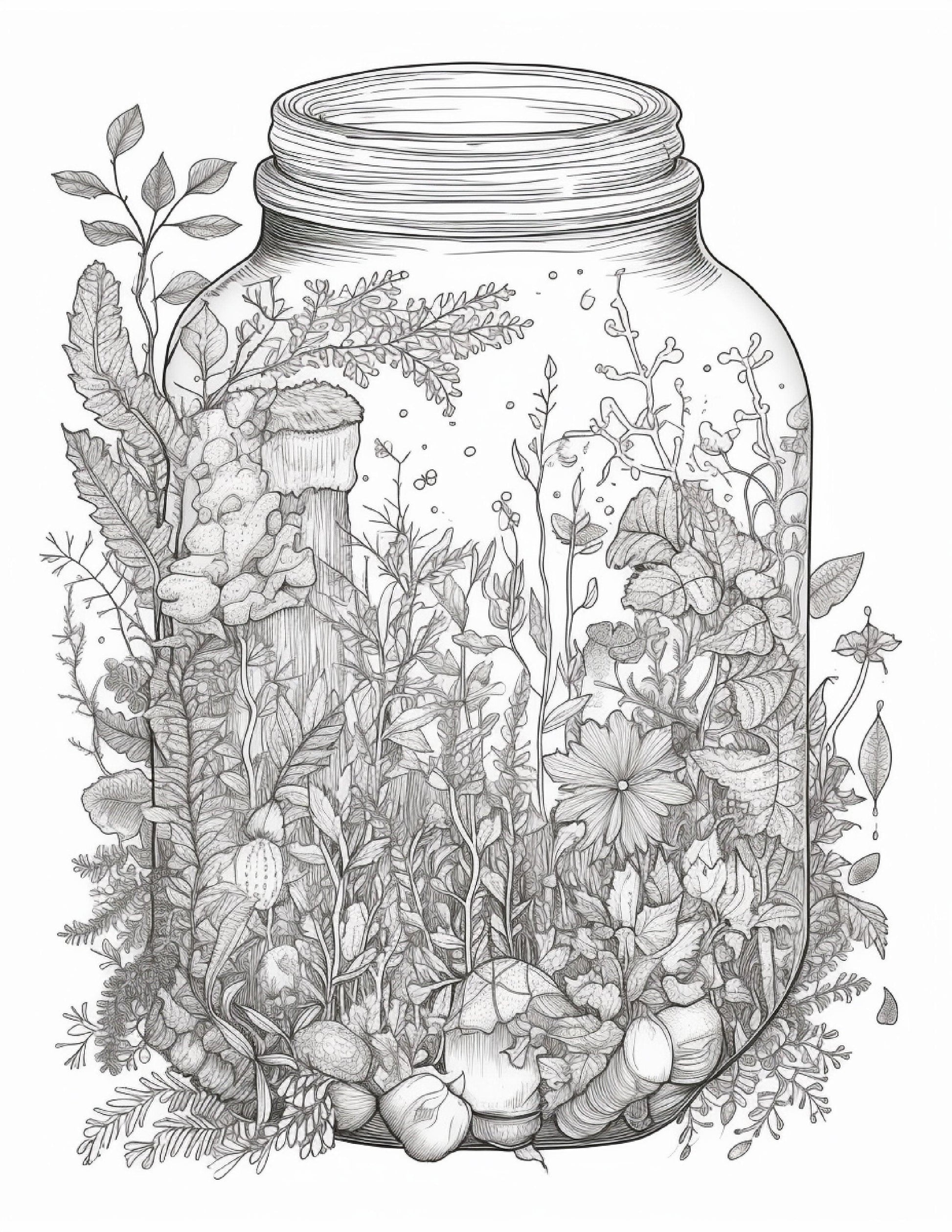 64 Life Inside Jar Printable Coloring Pages for Adults, Grayscale Coloring Book, Printable PDF File Download