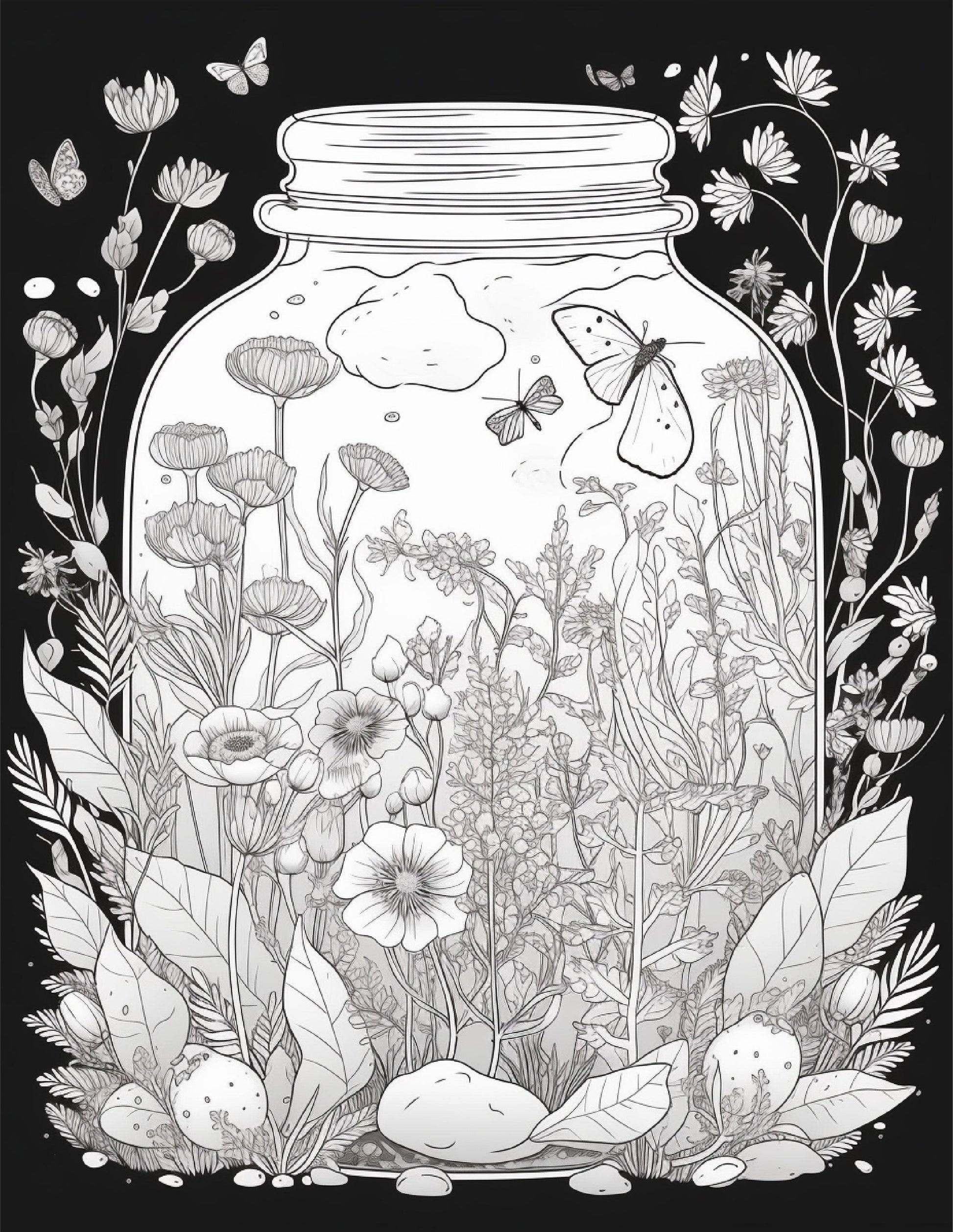64 Life Inside Jar Printable Coloring Pages for Adults, Grayscale Coloring Book, Printable PDF File Download