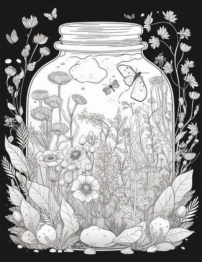 64 Life Inside Jar Printable Coloring Pages for Adults, Grayscale Coloring Book, Printable PDF File Download