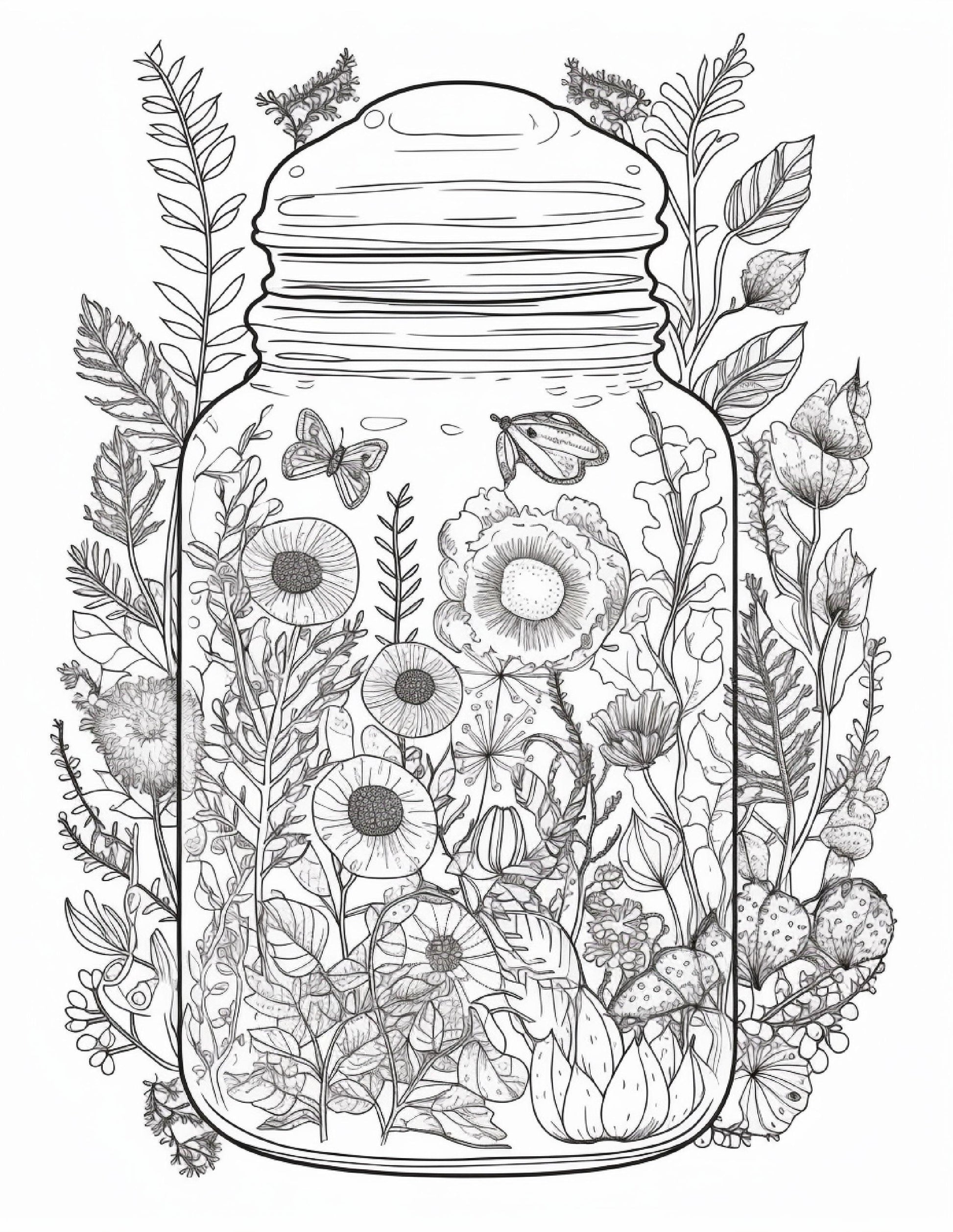 64 Life Inside Jar Printable Coloring Pages for Adults, Grayscale Coloring Book, Printable PDF File Download