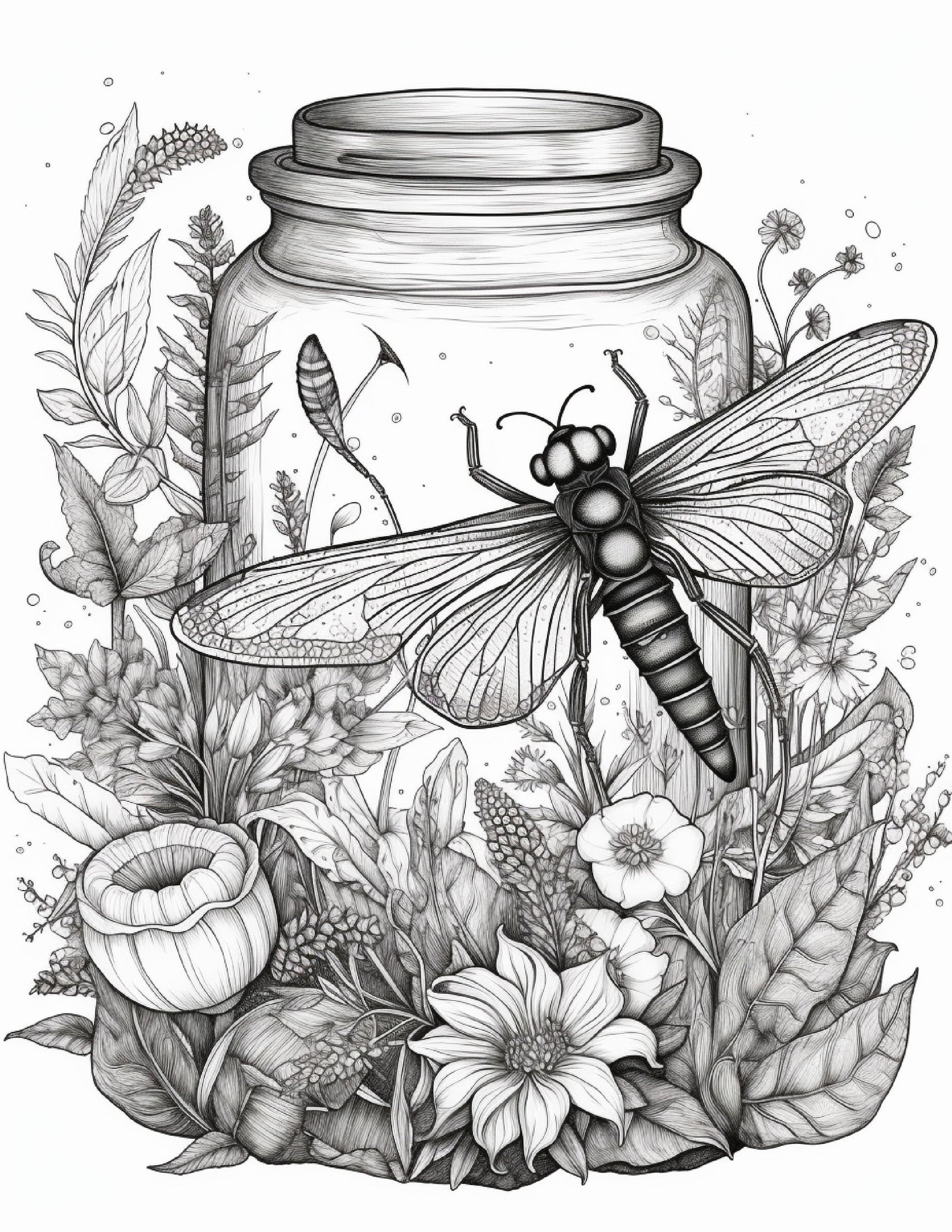 64 Life Inside Jar Printable Coloring Pages for Adults, Grayscale Coloring Book, Printable PDF File Download