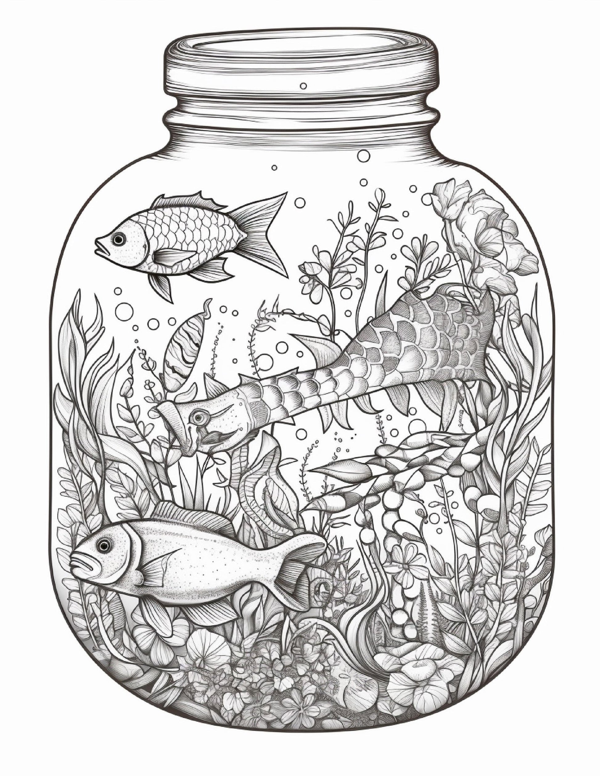 64 Life Inside Jar Printable Coloring Pages for Adults, Grayscale Coloring Book, Printable PDF File Download