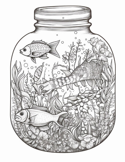 64 Life Inside Jar Printable Coloring Pages for Adults, Grayscale Coloring Book, Printable PDF File Download
