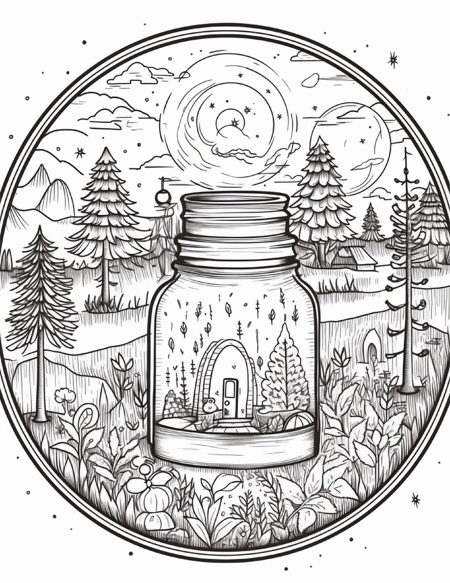 64 Life Inside Jar Printable Coloring Pages for Adults, Grayscale Coloring Book, Printable PDF File Download