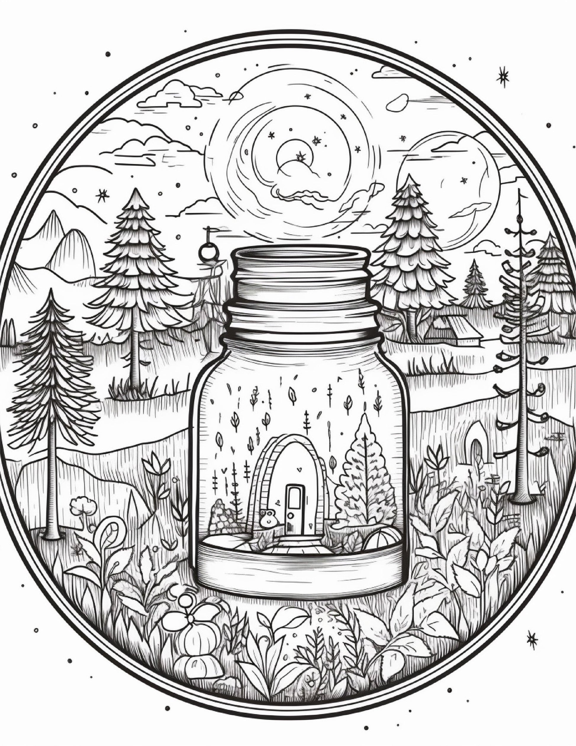 64 Life Inside Jar Printable Coloring Pages for Adults, Grayscale Coloring Book, Printable PDF File Download