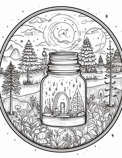 64 Life Inside Jar Printable Coloring Pages for Adults, Grayscale Coloring Book, Printable PDF File Download