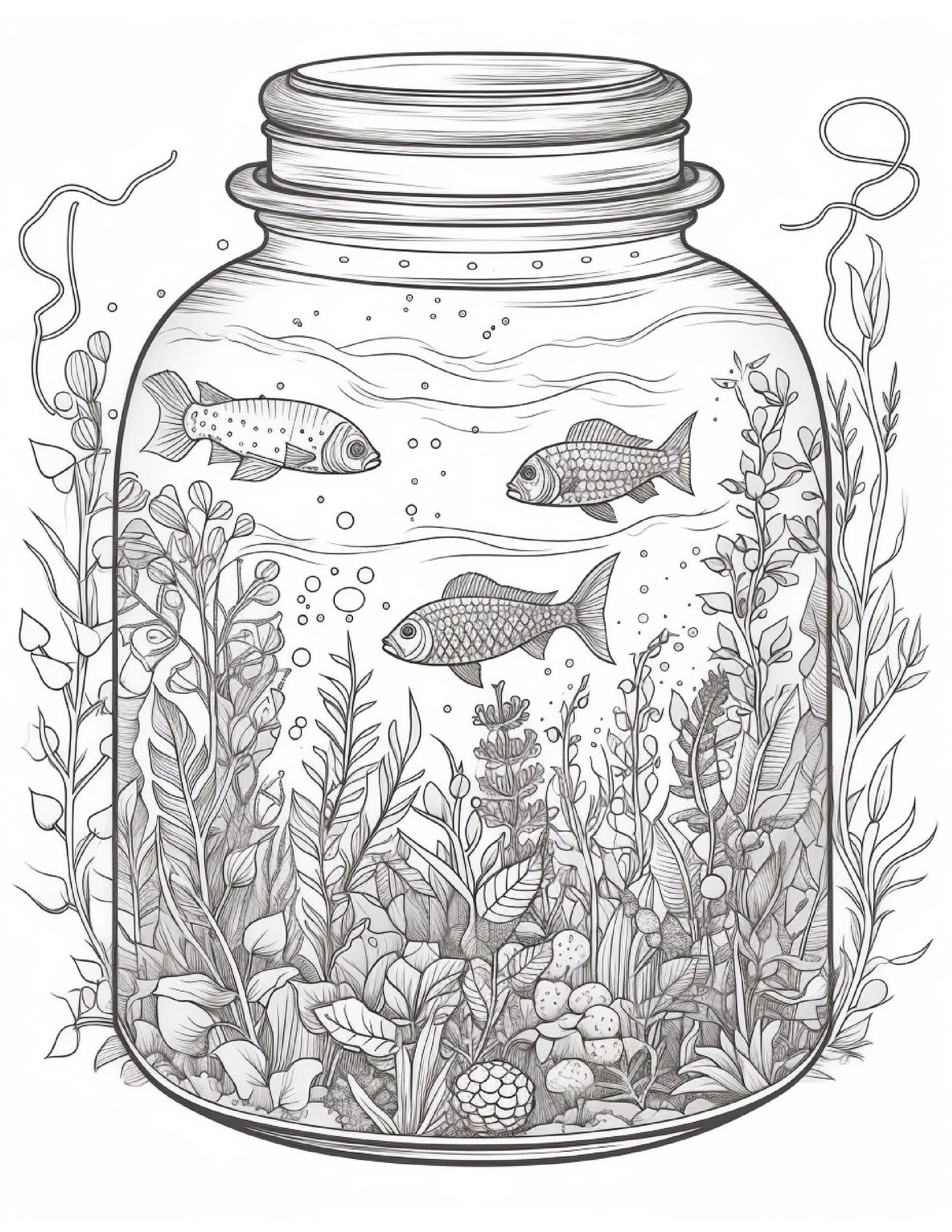 64 Life Inside Jar Printable Coloring Pages for Adults, Grayscale Coloring Book, Printable PDF File Download