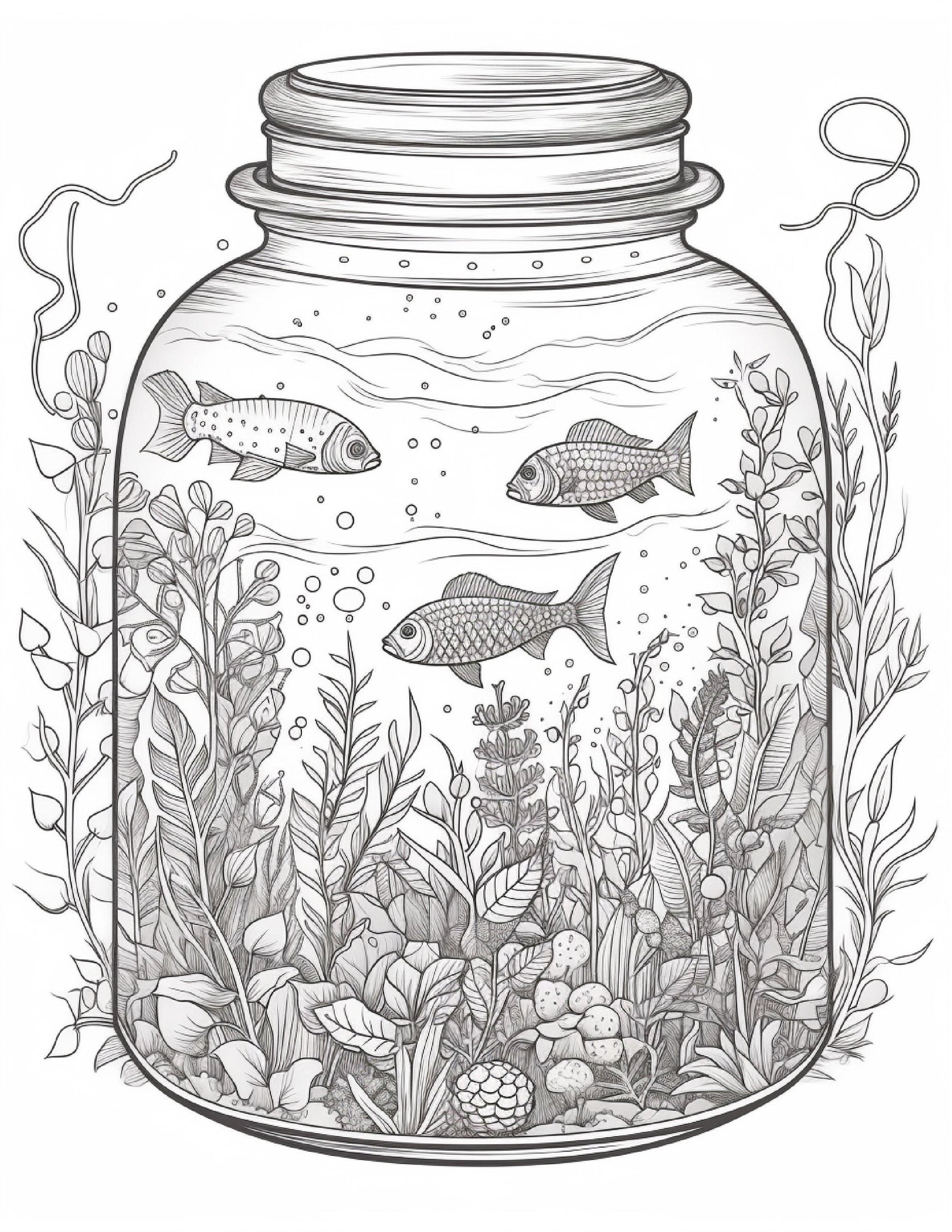 64 Life Inside Jar Printable Coloring Pages for Adults, Grayscale Coloring Book, Printable PDF File Download