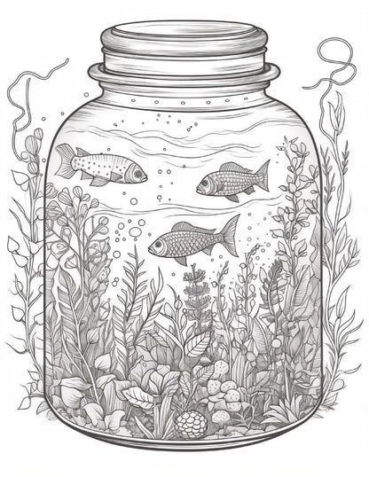 64 Life Inside Jar Printable Coloring Pages for Adults, Grayscale Coloring Book, Printable PDF File Download