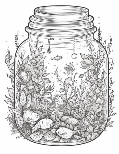 64 Life Inside Jar Printable Coloring Pages for Adults, Grayscale Coloring Book, Printable PDF File Download