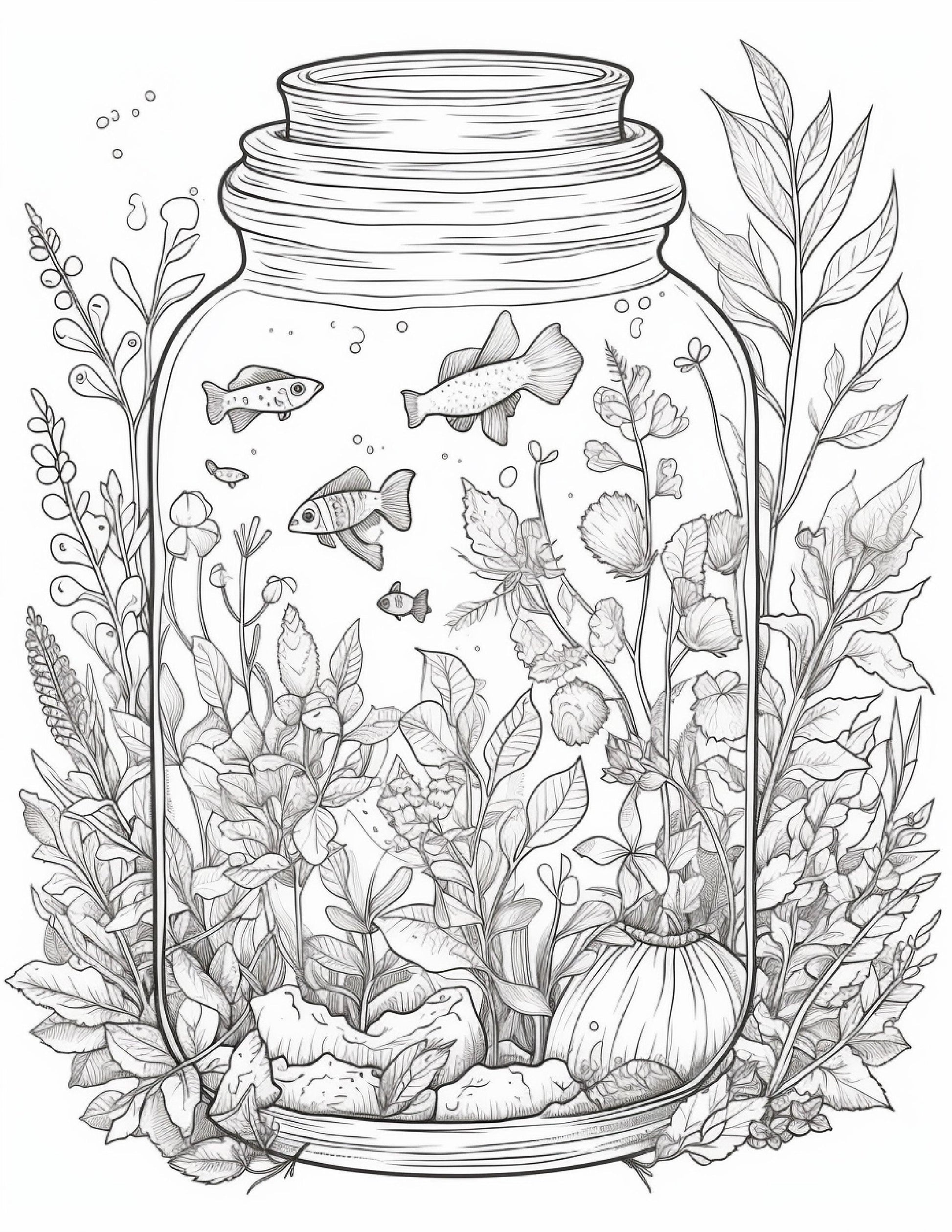 64 Life Inside Jar Printable Coloring Pages for Adults, Grayscale Coloring Book, Printable PDF File Download