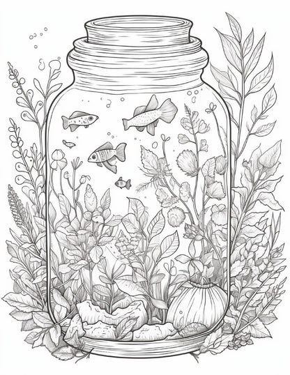 64 Life Inside Jar Printable Coloring Pages for Adults, Grayscale Coloring Book, Printable PDF File Download
