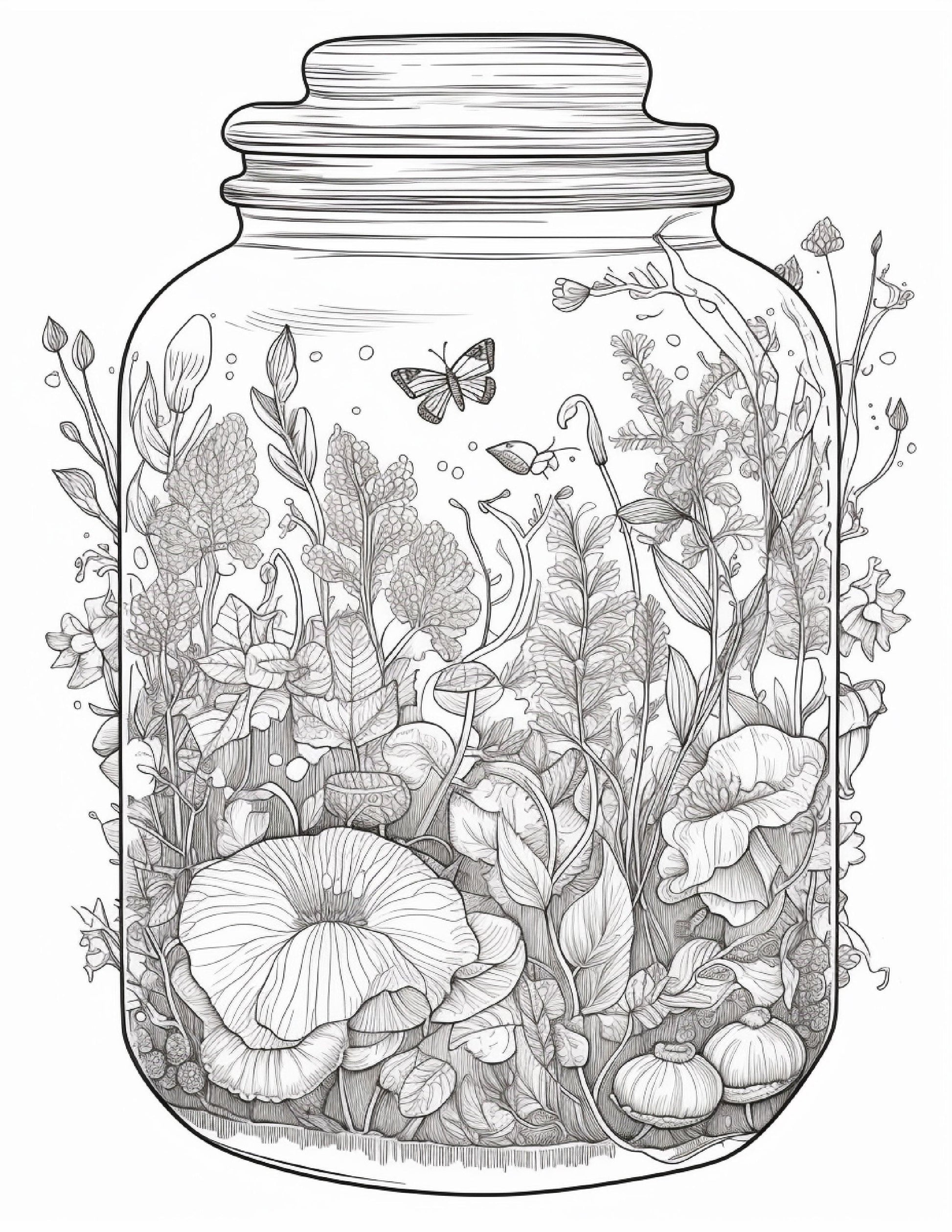 64 Life Inside Jar Printable Coloring Pages for Adults, Grayscale Coloring Book, Printable PDF File Download