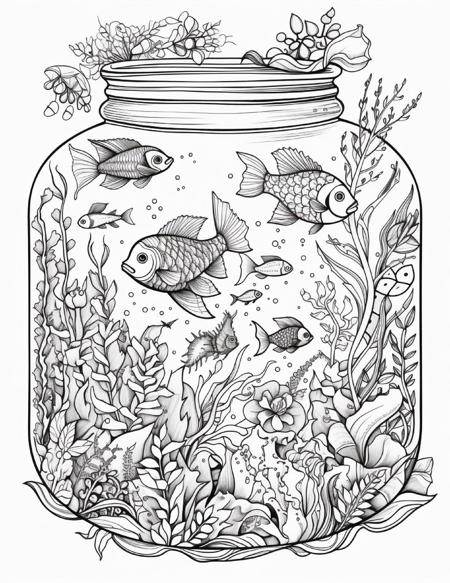 64 Life Inside Jar Printable Coloring Pages for Adults, Grayscale Coloring Book, Printable PDF File Download