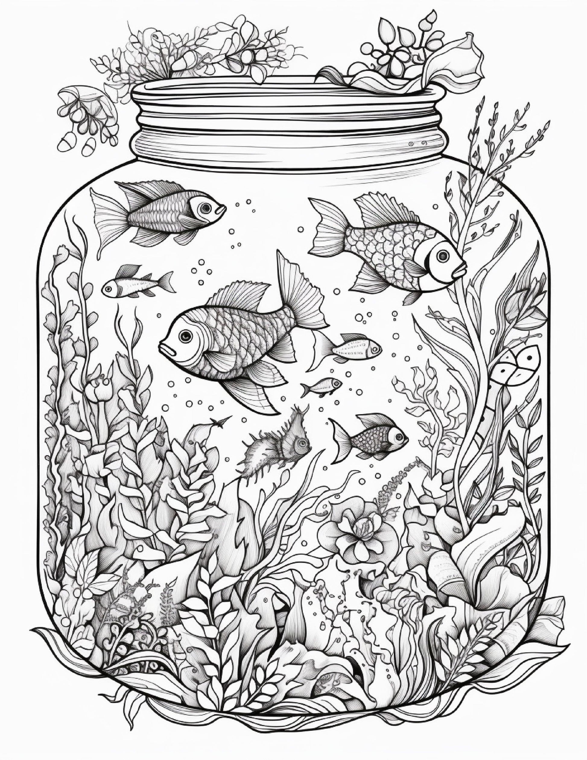64 Life Inside Jar Printable Coloring Pages for Adults, Grayscale Coloring Book, Printable PDF File Download